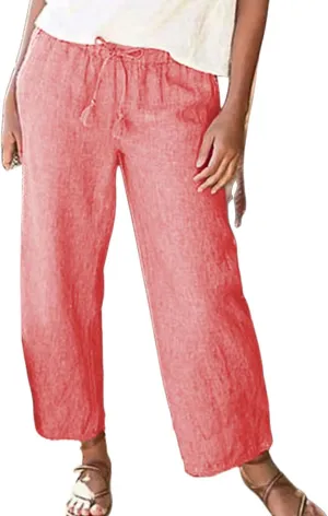 Wide Leg Linen Pants for Women High Waisted Straight Trousers Casual Loose Solid Beach Pant Elastic Waist Bottoms