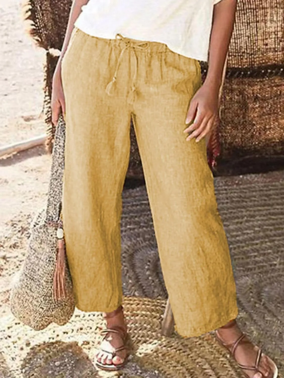 Wide Leg Linen Pants for Women High Waisted Straight Trousers Casual Loose Solid Beach Pant Elastic Waist Bottoms