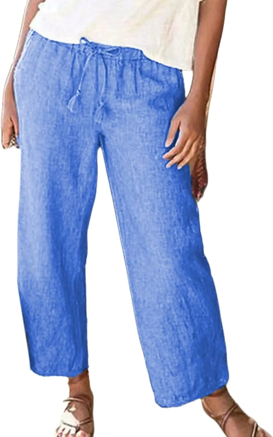Wide Leg Linen Pants for Women High Waisted Straight Trousers Casual Loose Solid Beach Pant Elastic Waist Bottoms