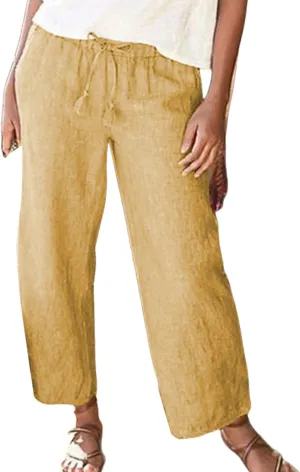 Wide Leg Linen Pants for Women High Waisted Straight Trousers Casual Loose Solid Beach Pant Elastic Waist Bottoms