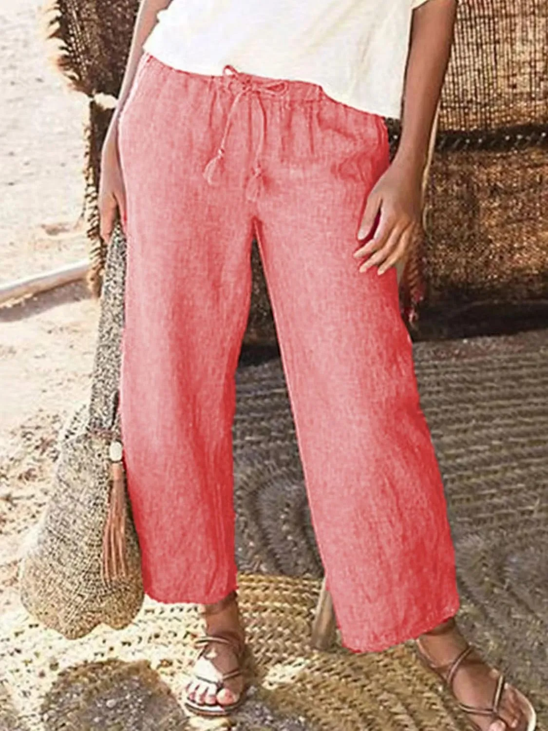 Wide Leg Linen Pants for Women High Waisted Straight Trousers Casual Loose Solid Beach Pant Elastic Waist Bottoms