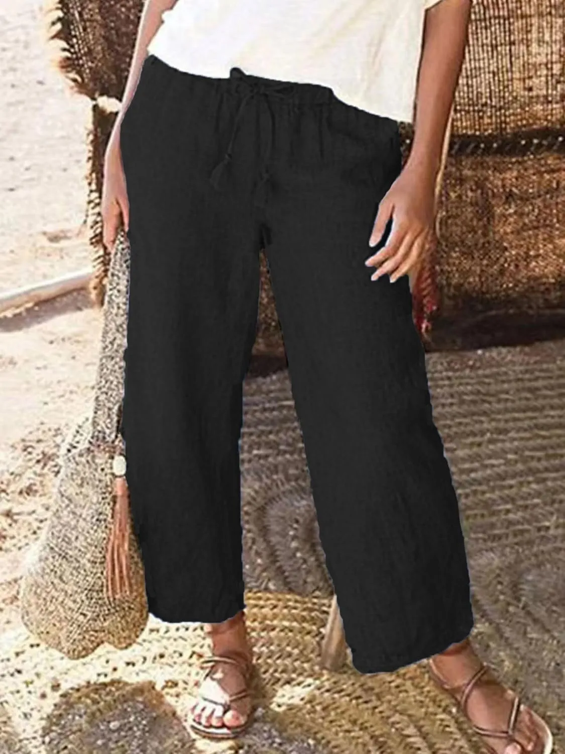 Wide Leg Linen Pants for Women High Waisted Straight Trousers Casual Loose Solid Beach Pant Elastic Waist Bottoms