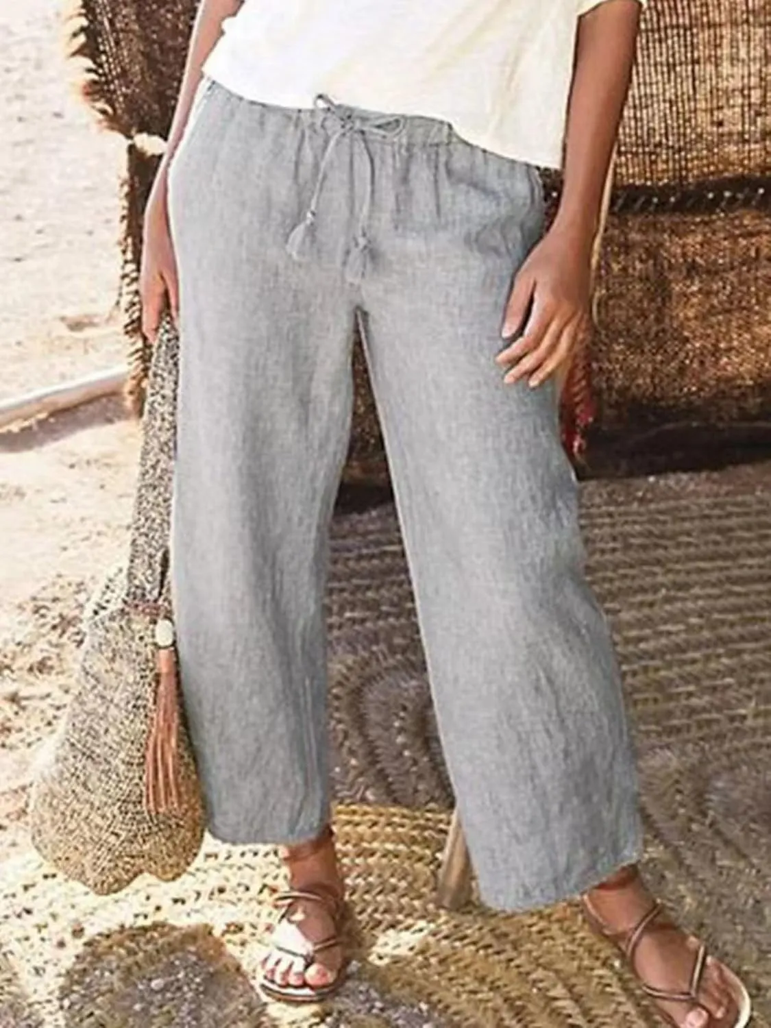 Wide Leg Linen Pants for Women High Waisted Straight Trousers Casual Loose Solid Beach Pant Elastic Waist Bottoms