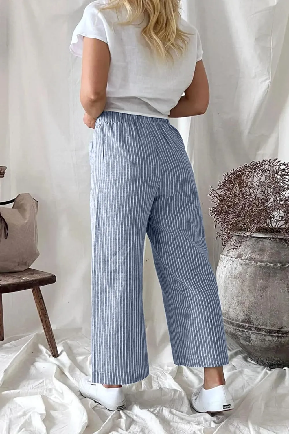 Wide Leg Linen Pants for Women High Waisted Trousers Casual Loose Straight Pant Elastic Waist Bottoms with Pockets