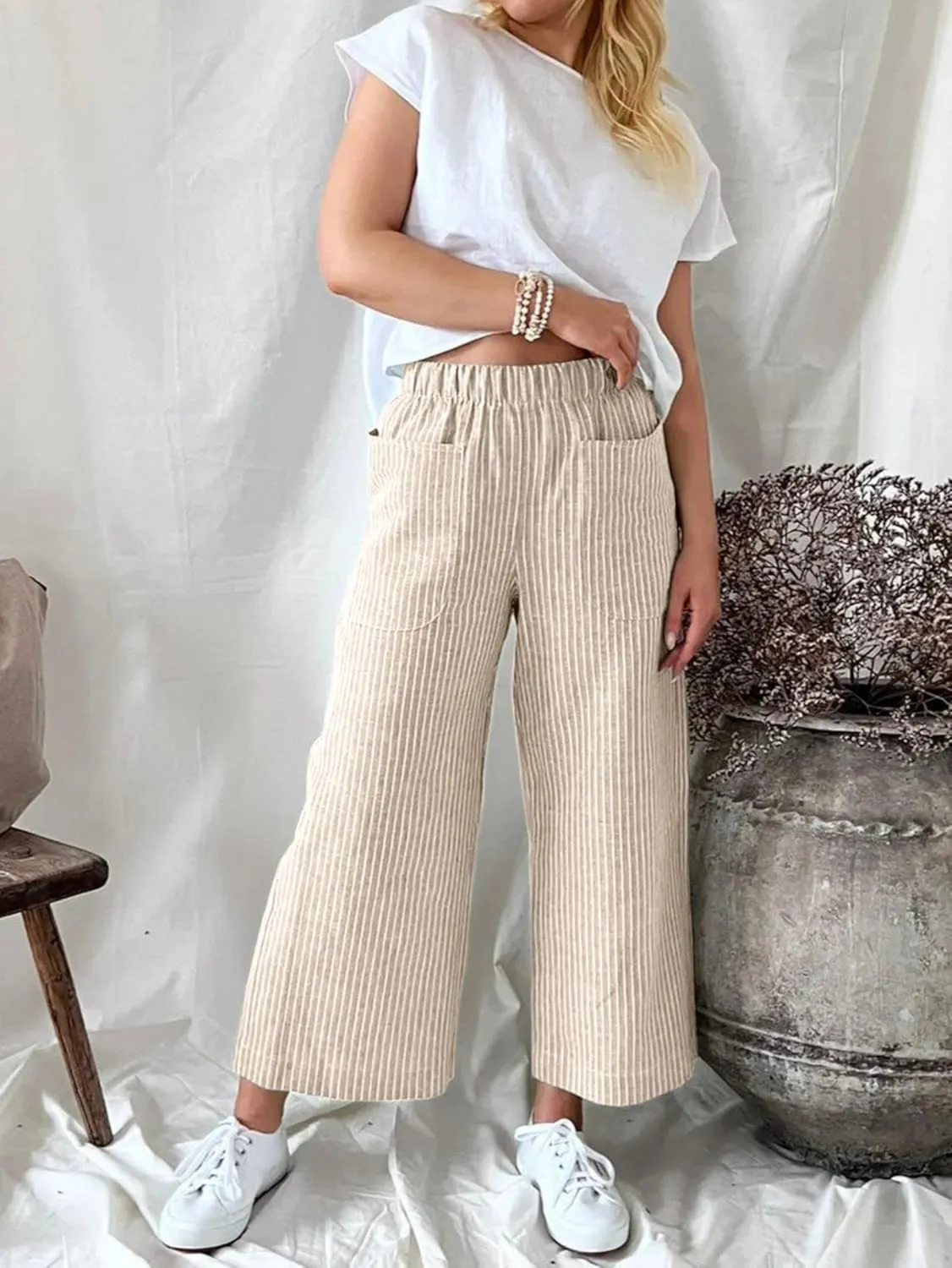 Wide Leg Linen Pants for Women High Waisted Trousers Casual Loose Straight Pant Elastic Waist Bottoms with Pockets