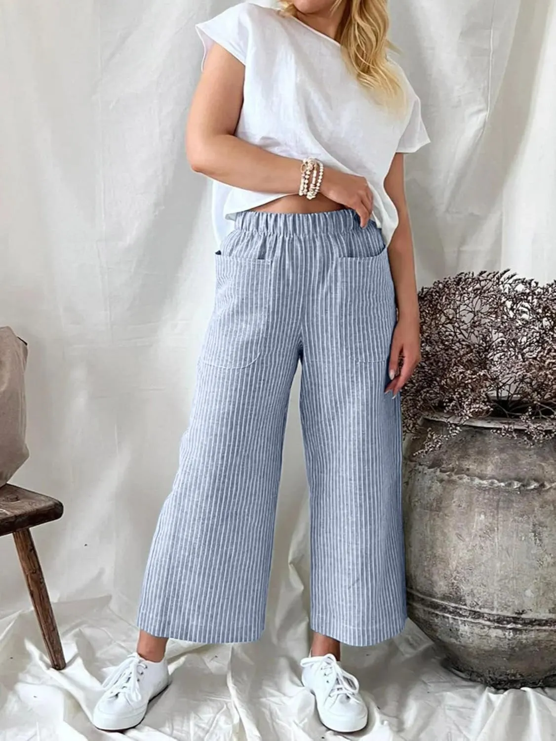 Wide Leg Linen Pants for Women High Waisted Trousers Casual Loose Straight Pant Elastic Waist Bottoms with Pockets