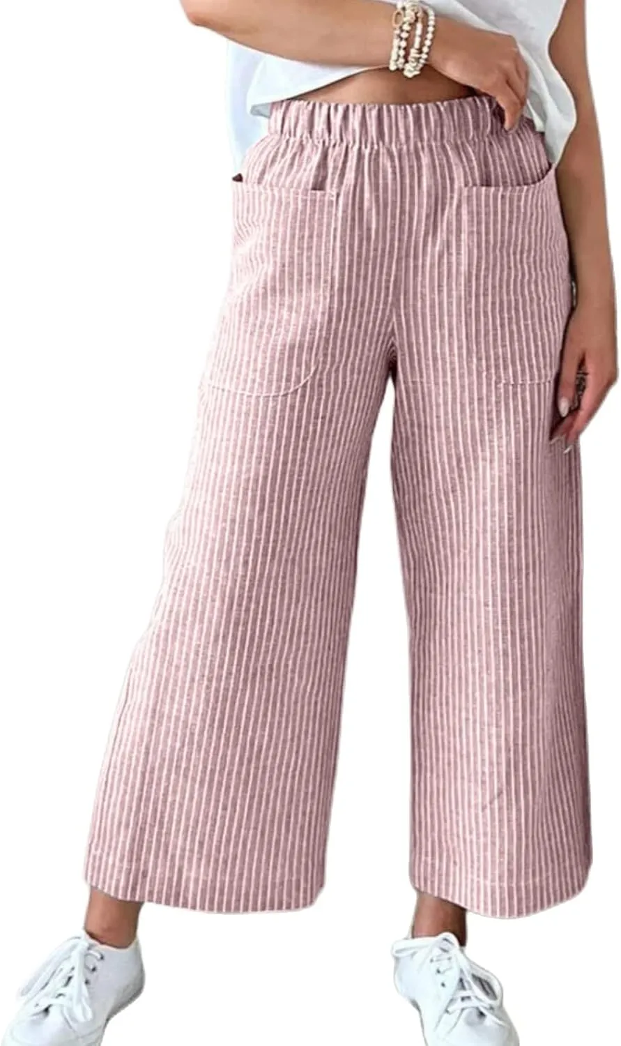 Wide Leg Linen Pants for Women High Waisted Trousers Casual Loose Straight Pant Elastic Waist Bottoms with Pockets
