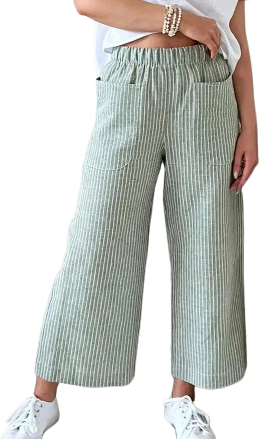 Wide Leg Linen Pants for Women High Waisted Trousers Casual Loose Straight Pant Elastic Waist Bottoms with Pockets
