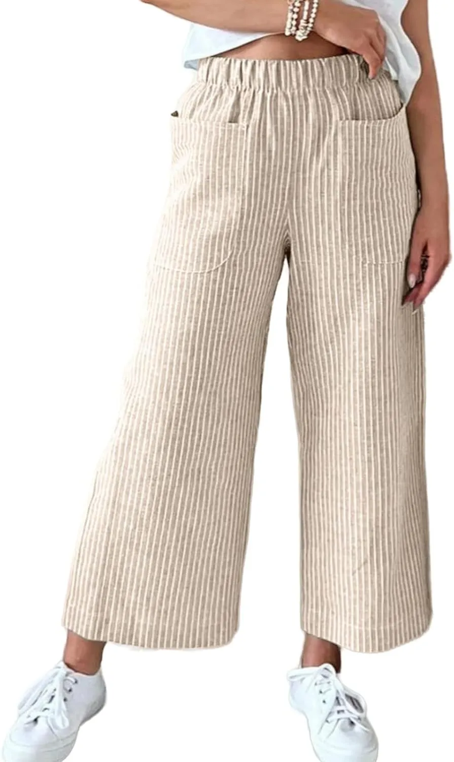 Wide Leg Linen Pants for Women High Waisted Trousers Casual Loose Straight Pant Elastic Waist Bottoms with Pockets