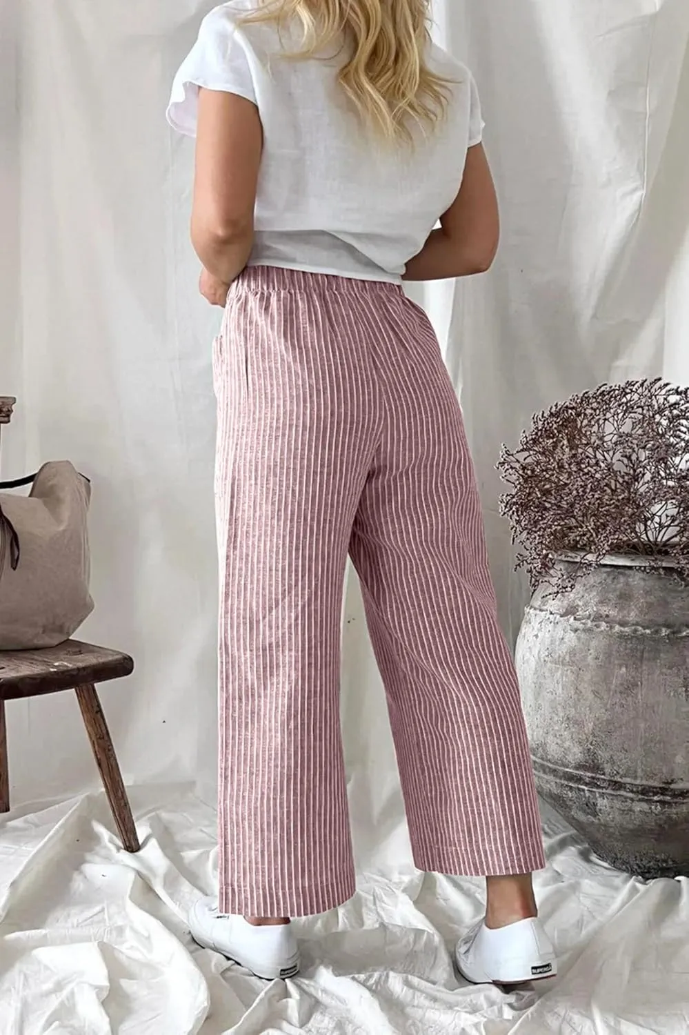 Wide Leg Linen Pants for Women High Waisted Trousers Casual Loose Straight Pant Elastic Waist Bottoms with Pockets
