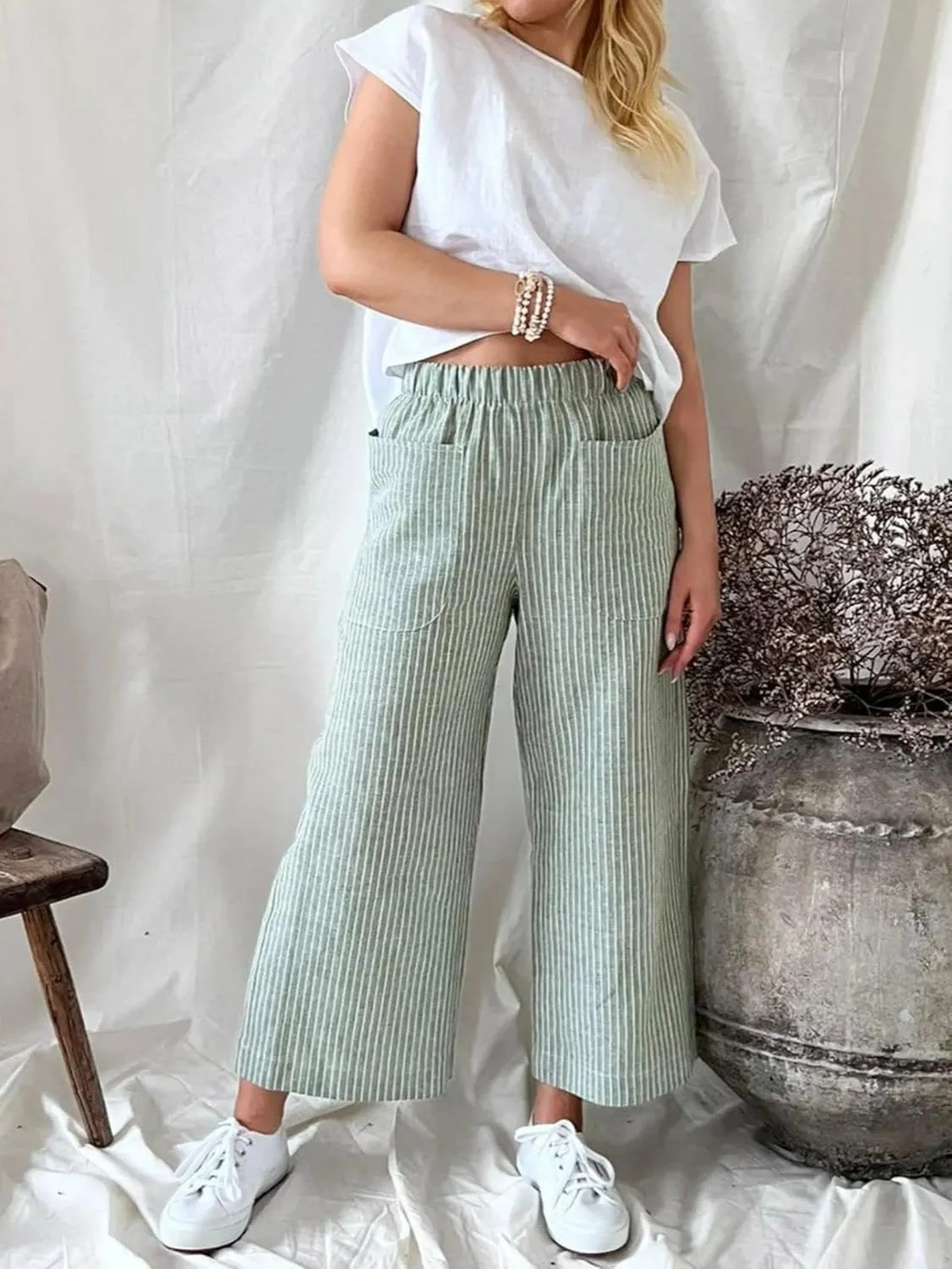 Wide Leg Linen Pants for Women High Waisted Trousers Casual Loose Straight Pant Elastic Waist Bottoms with Pockets