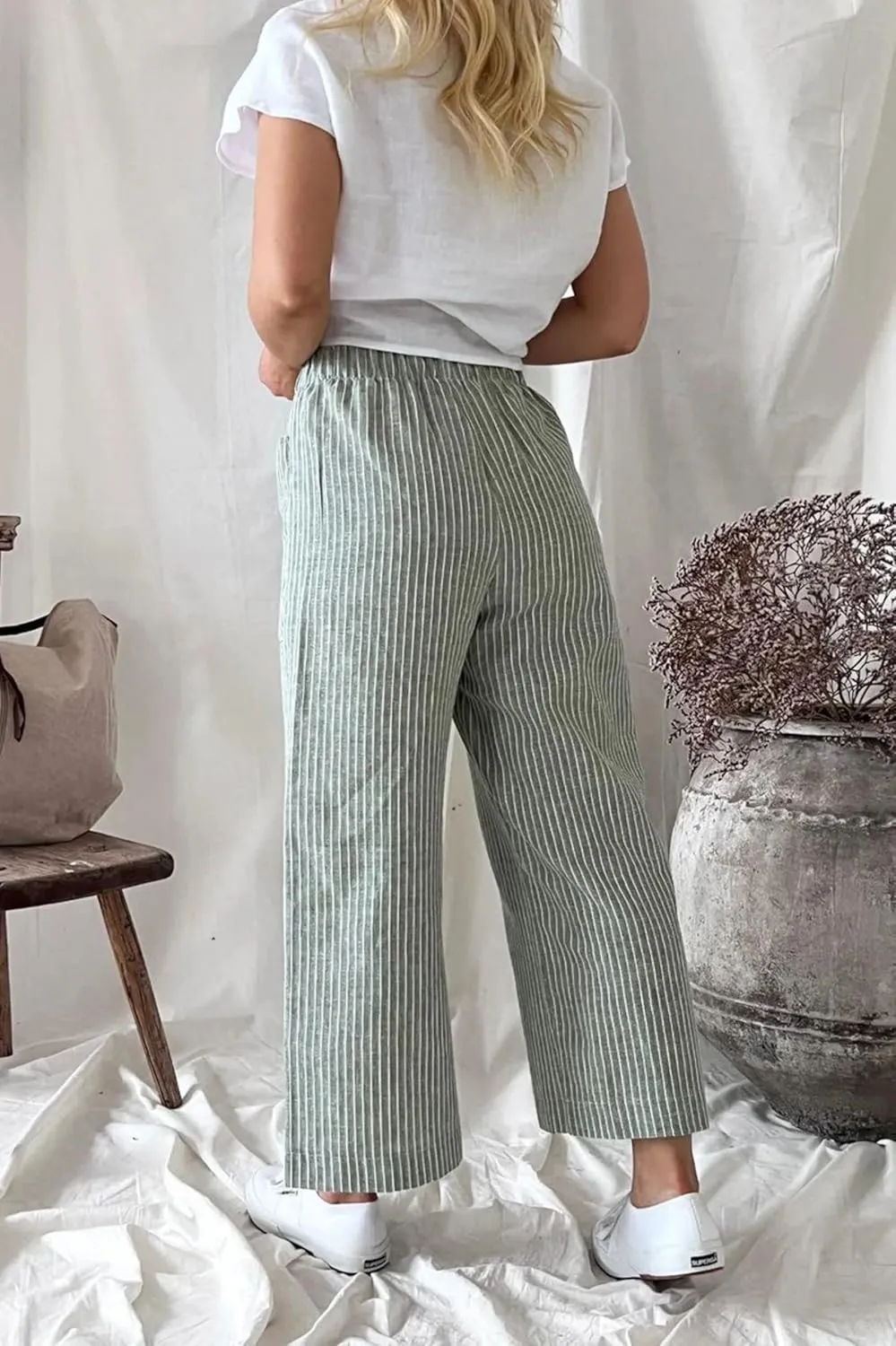 Wide Leg Linen Pants for Women High Waisted Trousers Casual Loose Straight Pant Elastic Waist Bottoms with Pockets