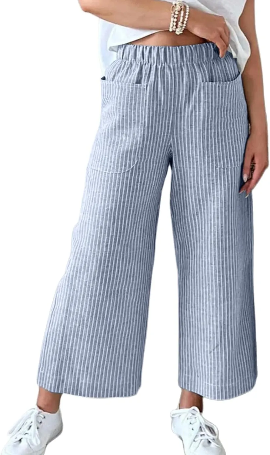 Wide Leg Linen Pants for Women High Waisted Trousers Casual Loose Straight Pant Elastic Waist Bottoms with Pockets
