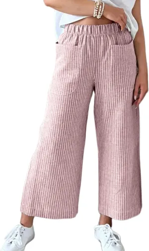 Wide Leg Linen Pants for Women High Waisted Trousers Casual Loose Straight Pant Elastic Waist Bottoms with Pockets