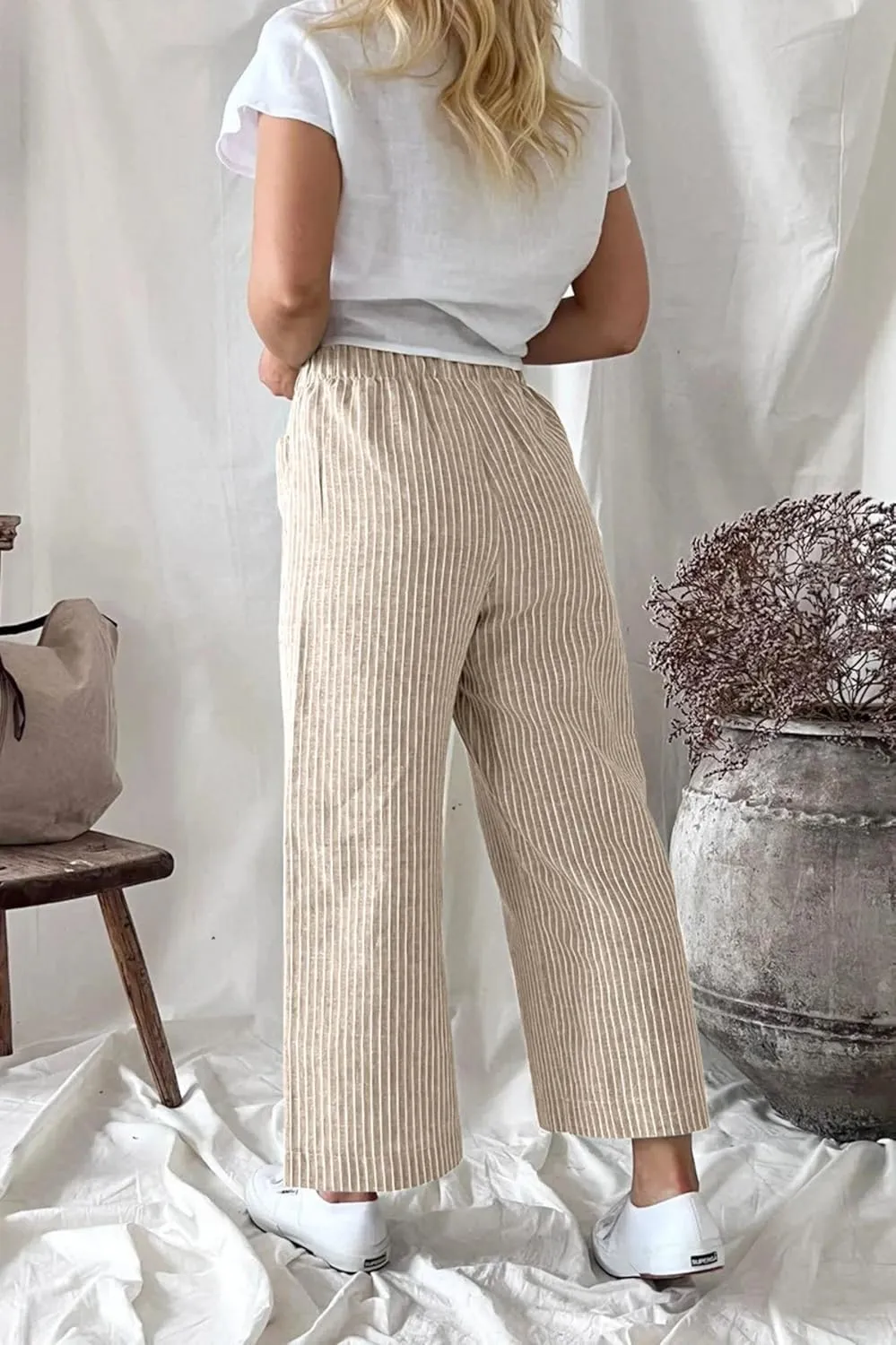 Wide Leg Linen Pants for Women High Waisted Trousers Casual Loose Straight Pant Elastic Waist Bottoms with Pockets