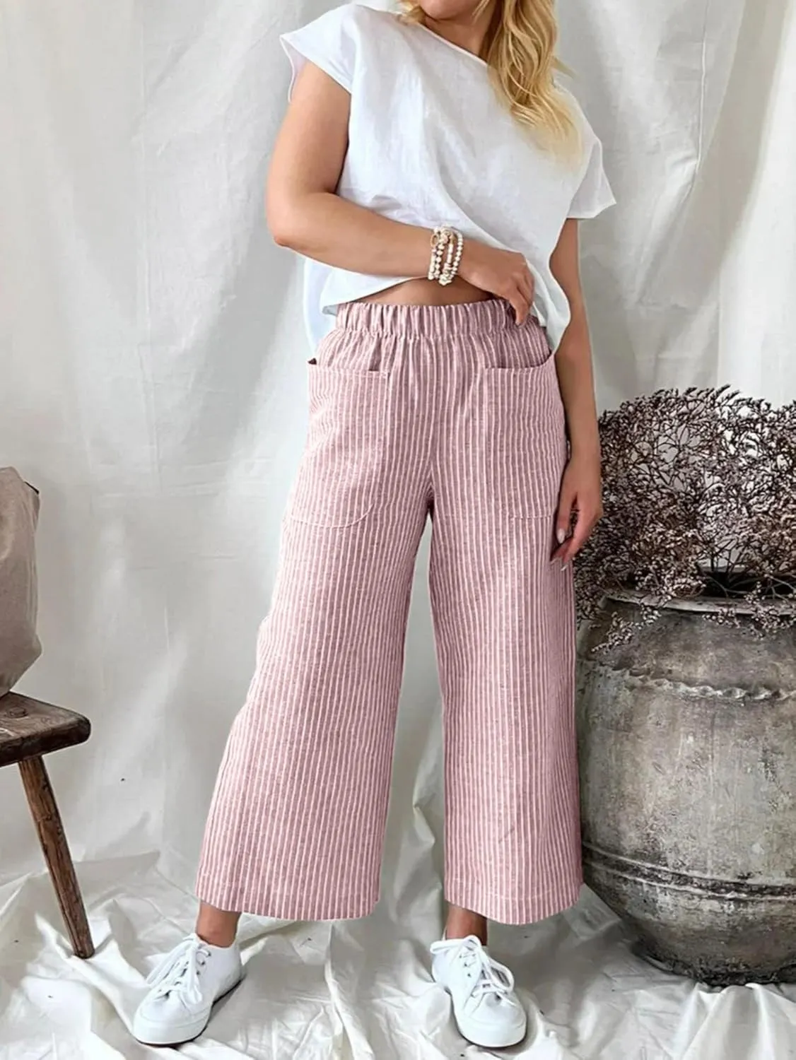 Wide Leg Linen Pants for Women High Waisted Trousers Casual Loose Straight Pant Elastic Waist Bottoms with Pockets
