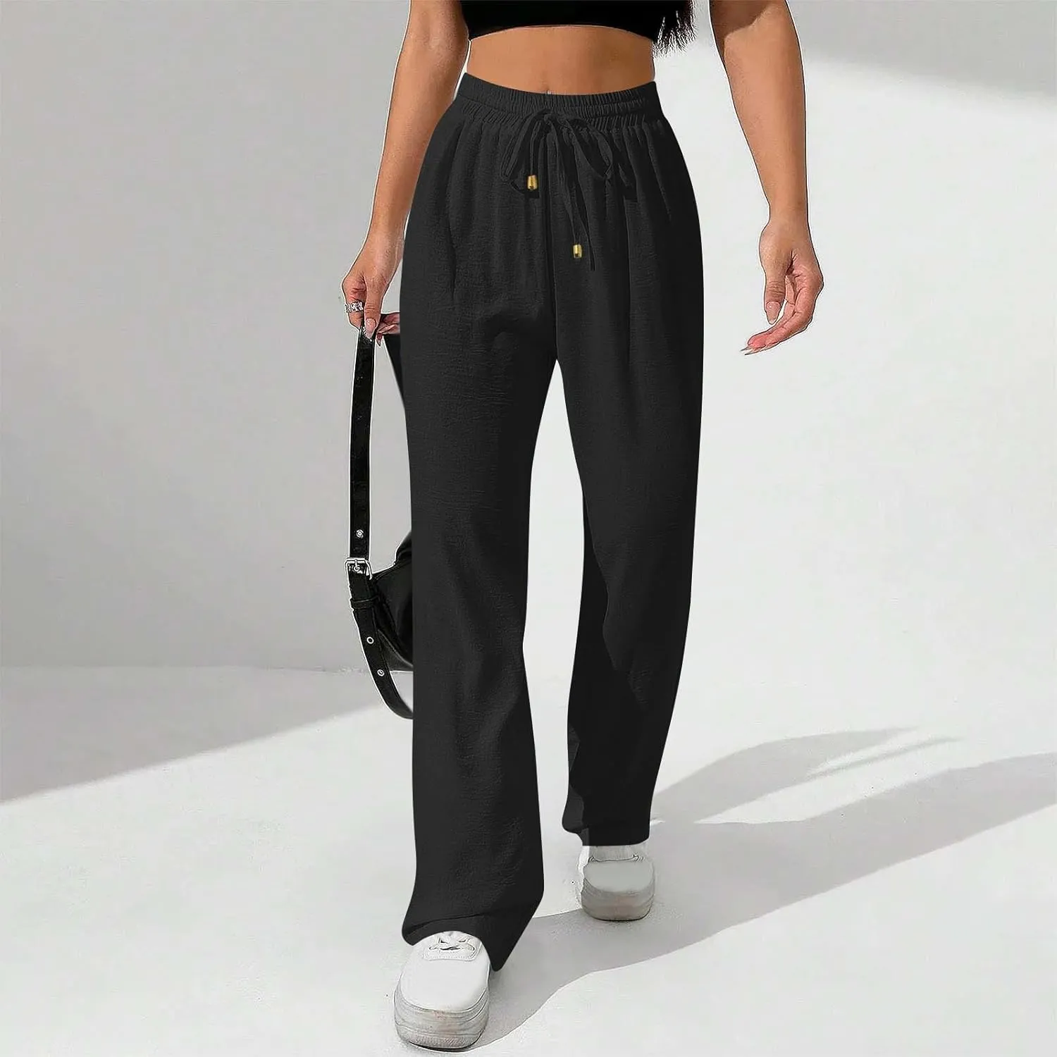 Wide Leg Pants for Women Elastic High Waist Drawstring Baggy Trousers Solid Color Loose Fit Flowy Beach Palazzo Pant