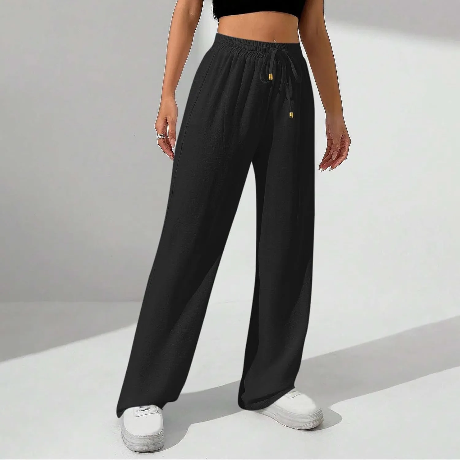Wide Leg Pants for Women Elastic High Waist Drawstring Baggy Trousers Solid Color Loose Fit Flowy Beach Palazzo Pant