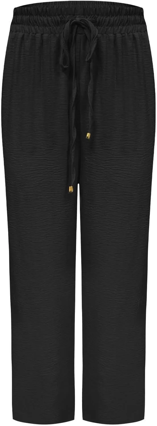 Wide Leg Pants for Women Elastic High Waist Drawstring Baggy Trousers Solid Color Loose Fit Flowy Beach Palazzo Pant
