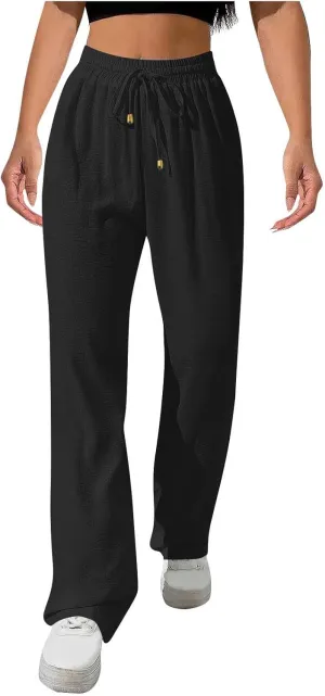 Wide Leg Pants for Women Elastic High Waist Drawstring Baggy Trousers Solid Color Loose Fit Flowy Beach Palazzo Pant