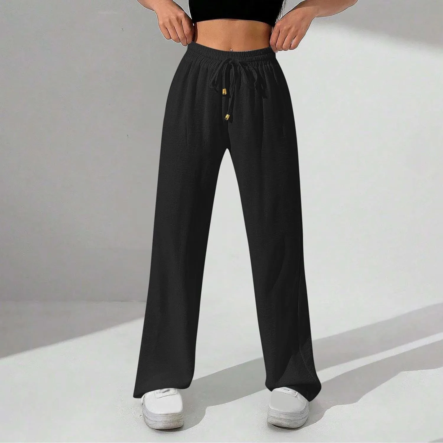 Wide Leg Pants for Women Elastic High Waist Drawstring Baggy Trousers Solid Color Loose Fit Flowy Beach Palazzo Pant