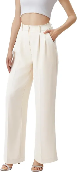 Wide Leg Pants for Women | High Waisted Trousers with Pockets | Comfortable Work Pants | Business Casual Pants | Women's Pants and Sizes Beige