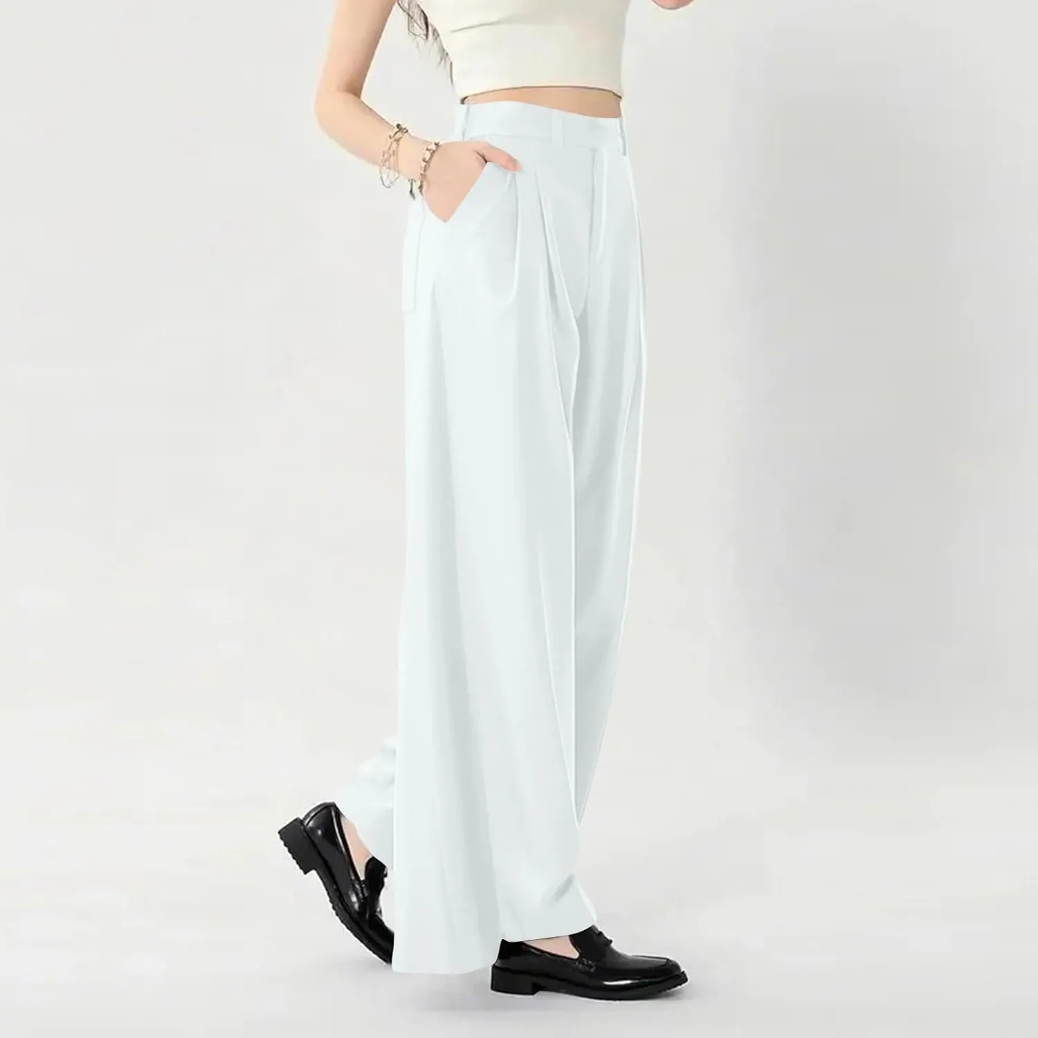 Wide Leg Pants for Women Pull On Flowy Palazzo Pants Lightweight Summer High Wasited Dress Pants with Pockets