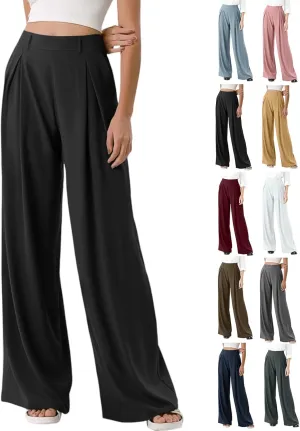 Wide Leg Pants for Women Pull On Flowy Palazzo Pants Lightweight Summer High Wasited Dress Pants with Pockets