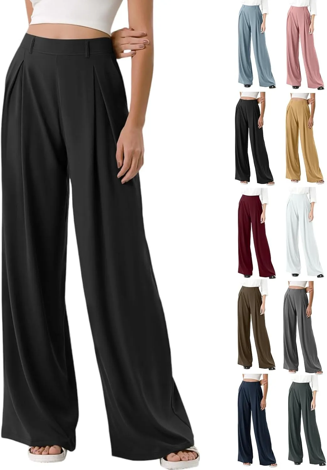 Wide Leg Pants for Women Pull On Flowy Palazzo Pants Lightweight Summer High Wasited Dress Pants with Pockets