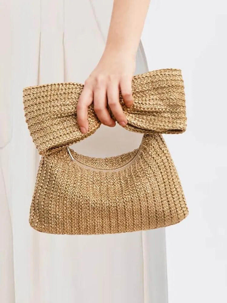 Women Bow Purse Straw Clutch Purses Handmade Bow Woven Tote Bag Summer Beach Straw Purse Perfect Parties