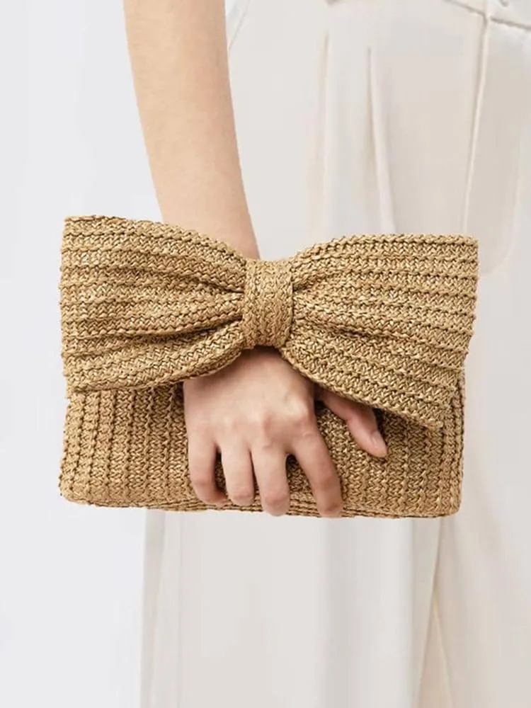Women Bow Purse Straw Clutch Purses Handmade Bow Woven Tote Bag Summer Beach Straw Purse Perfect Parties