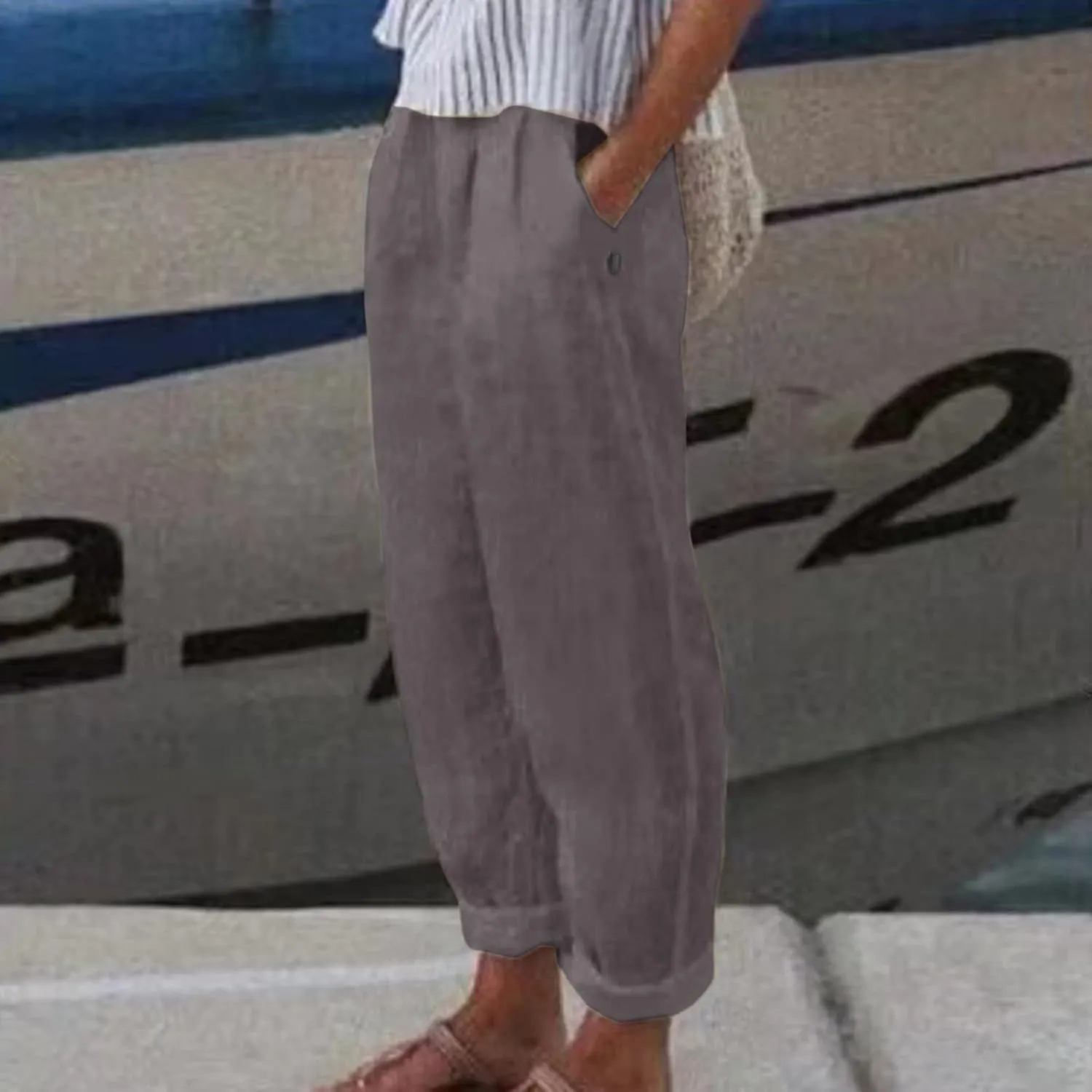 Women Casual Pants Fashion High Elastic Waisted Long Trousers Plus Size Comfortable Ankle Length Pants with Pockets