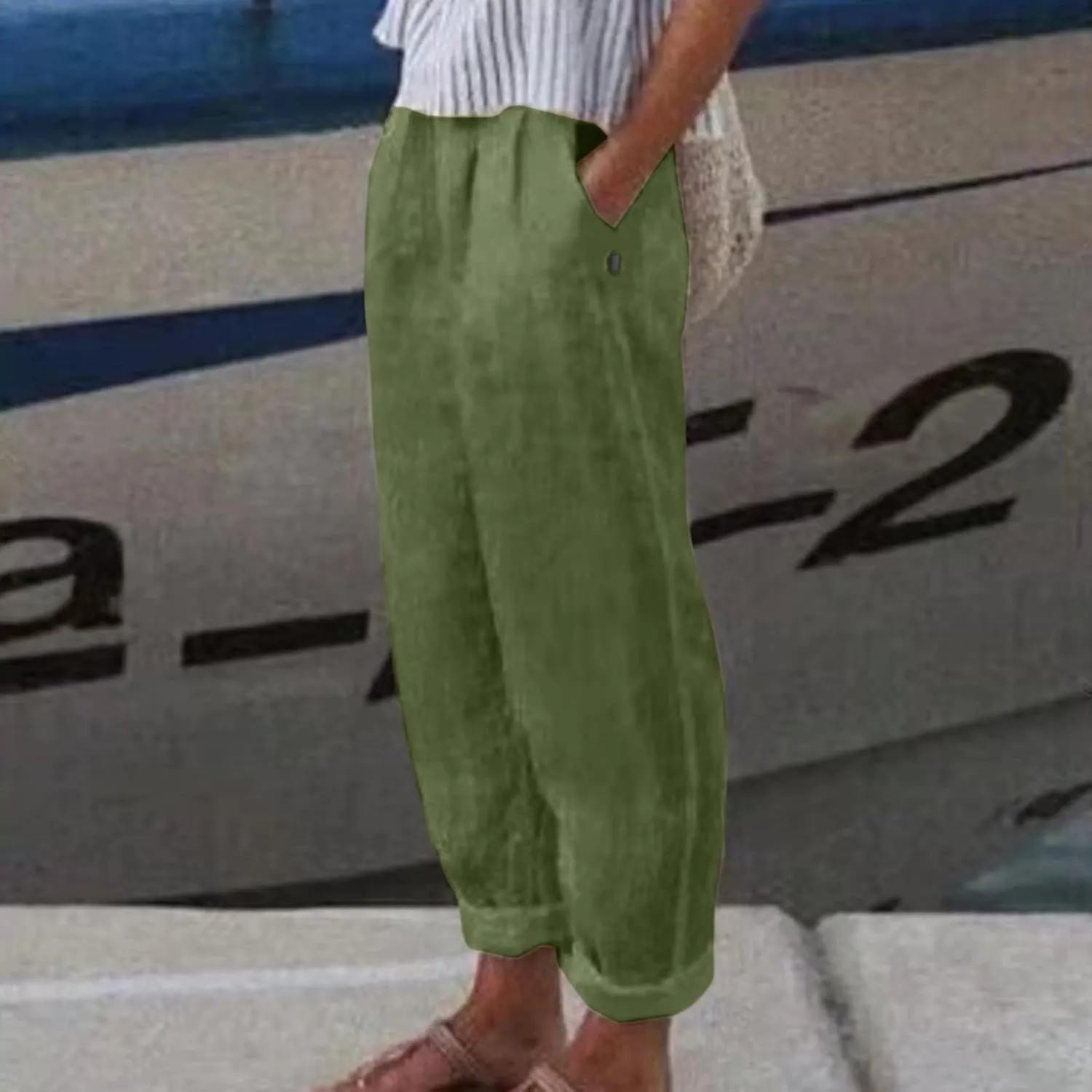 Women Casual Pants Fashion High Elastic Waisted Long Trousers Plus Size Comfortable Ankle Length Pants with Pockets
