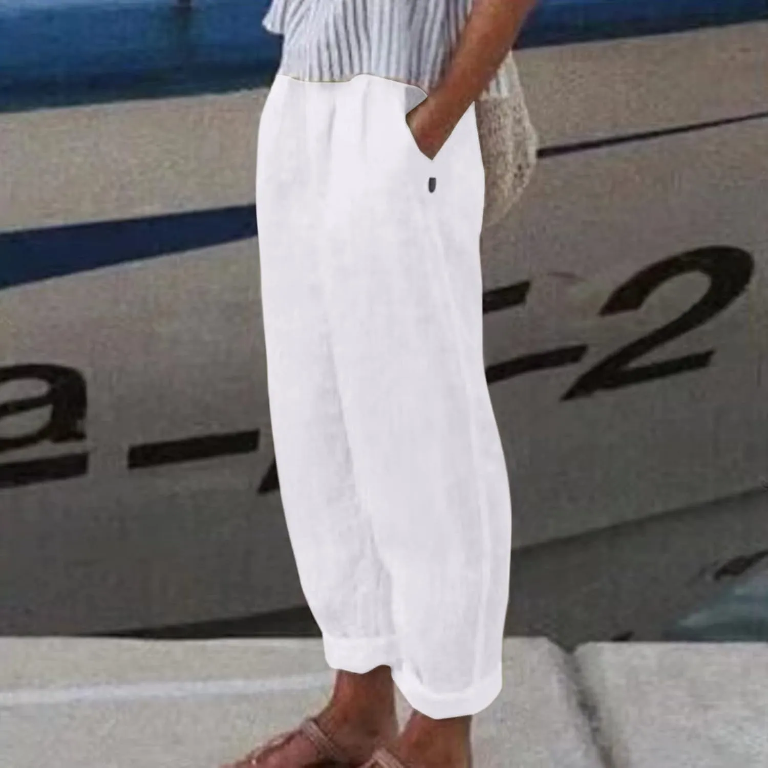 Women Casual Pants Fashion High Elastic Waisted Long Trousers Plus Size Comfortable Ankle Length Pants with Pockets