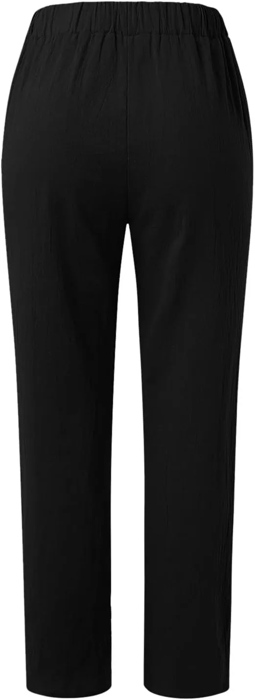 Women Casual Pants Fashion High Elastic Waisted Long Trousers Plus Size Comfortable Ankle Length Pants with Pockets