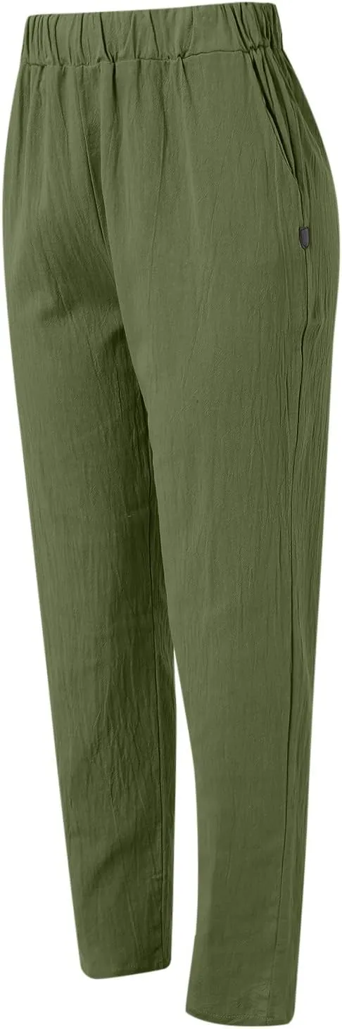 Women Casual Pants Fashion High Elastic Waisted Long Trousers Plus Size Comfortable Ankle Length Pants with Pockets