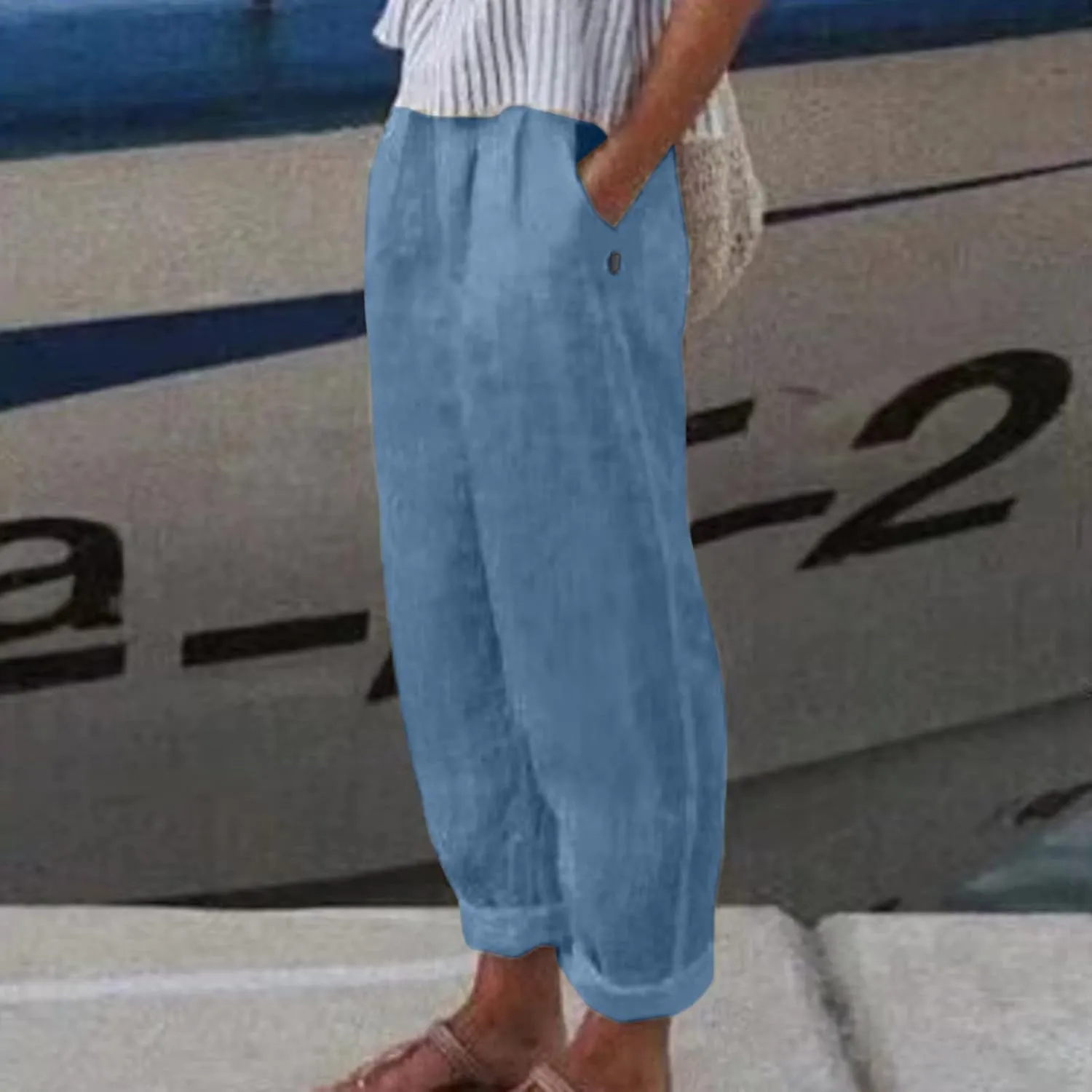 Women Casual Pants Fashion High Elastic Waisted Long Trousers Plus Size Comfortable Ankle Length Pants with Pockets