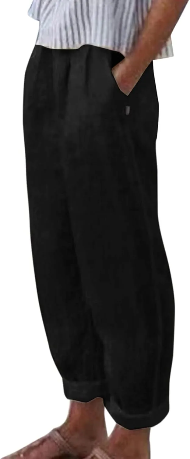 Women Casual Pants Fashion High Elastic Waisted Long Trousers Plus Size Comfortable Ankle Length Pants with Pockets