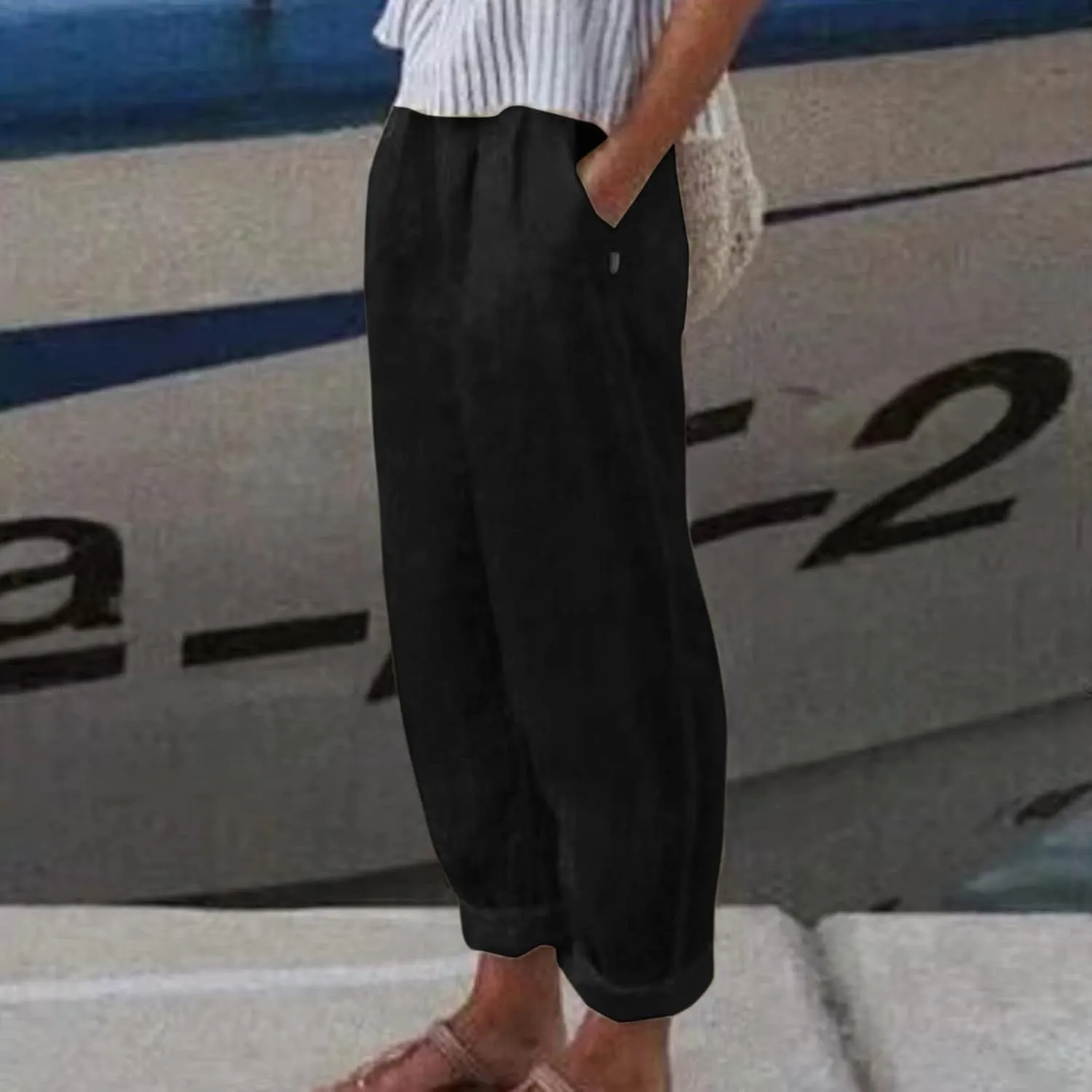 Women Casual Pants Fashion High Elastic Waisted Long Trousers Plus Size Comfortable Ankle Length Pants with Pockets
