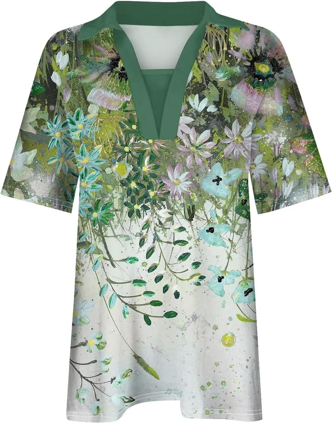 Women Floral Print 2024 Casual Tops V Neck Summer Blouse Shirt Lapel Collar Tunic Tops Trendy Dressy Ladies Clothing