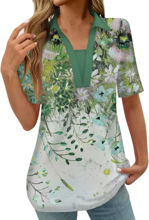 Women Floral Print 2024 Casual Tops V Neck Summer Blouse Shirt Lapel Collar Tunic Tops Trendy Dressy Ladies Clothing