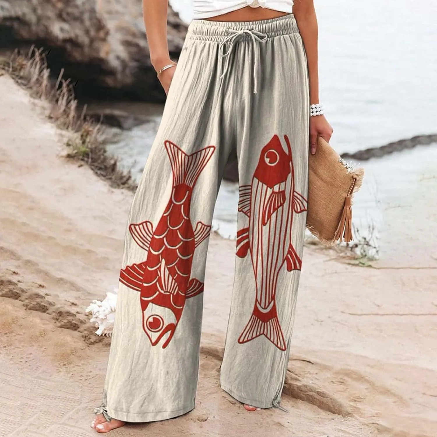 Women High Waisted Cotton Linen Palazzo Pants Dog Fish Graphic Wide Leg Long Japanese Pants Trousers with Pockets