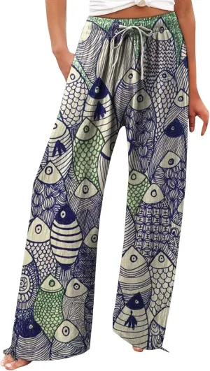 Women High Waisted Cotton Linen Palazzo Pants Dog Fish Graphic Wide Leg Long Japanese Pants Trousers with Pockets