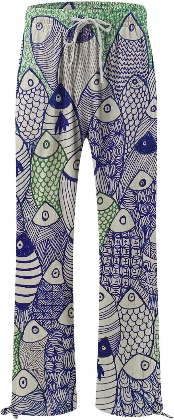 Women High Waisted Cotton Linen Palazzo Pants Dog Fish Graphic Wide Leg Long Japanese Pants Trousers with Pockets