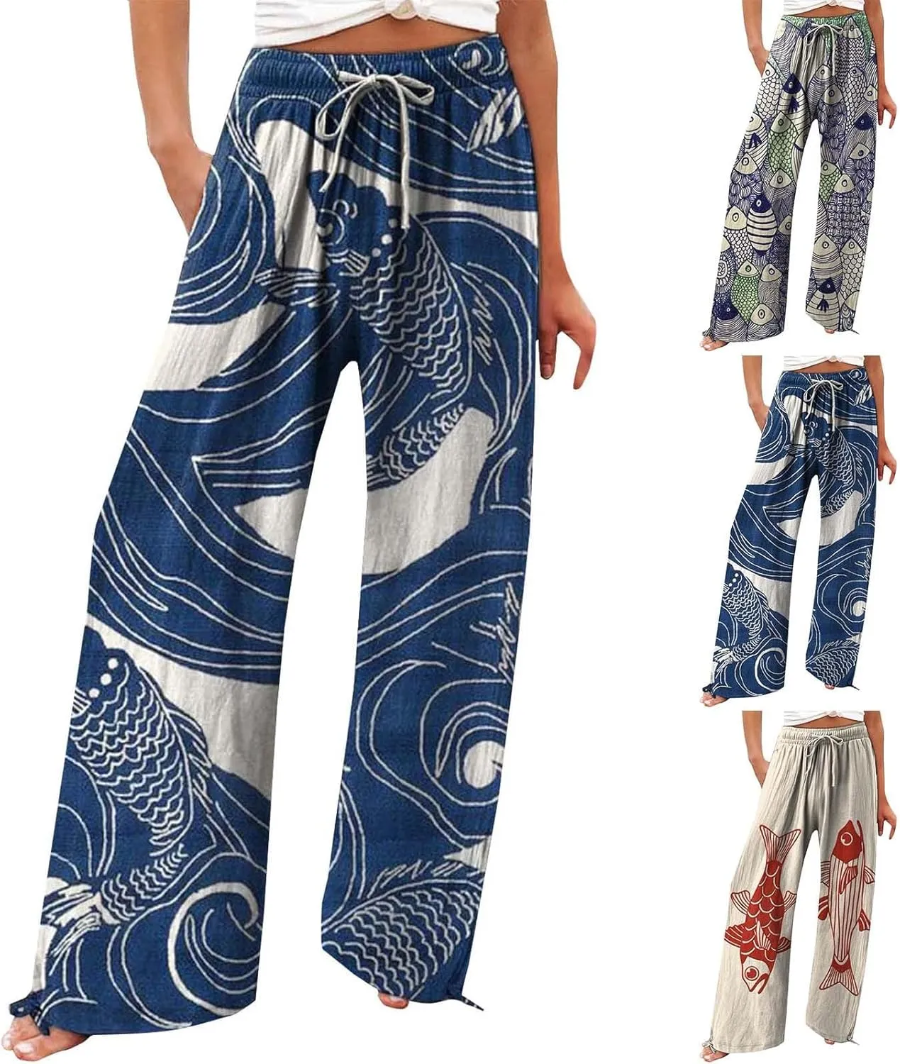 Women High Waisted Cotton Linen Palazzo Pants Dog Fish Graphic Wide Leg Long Japanese Pants Trousers with Pockets