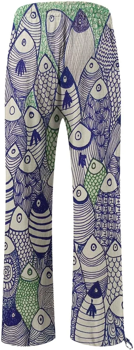 Women High Waisted Cotton Linen Palazzo Pants Dog Fish Graphic Wide Leg Long Japanese Pants Trousers with Pockets
