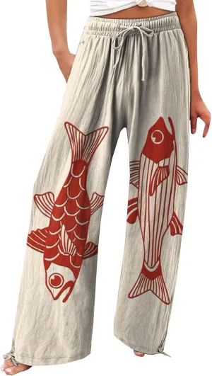 Women High Waisted Cotton Linen Palazzo Pants Dog Fish Graphic Wide Leg Long Japanese Pants Trousers with Pockets