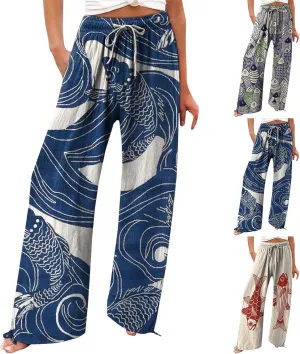 Women High Waisted Cotton Linen Palazzo Pants Dog Fish Graphic Wide Leg Long Japanese Pants Trousers with Pockets