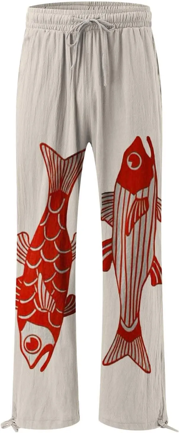 Women High Waisted Cotton Linen Palazzo Pants Dog Fish Graphic Wide Leg Long Japanese Pants Trousers with Pockets