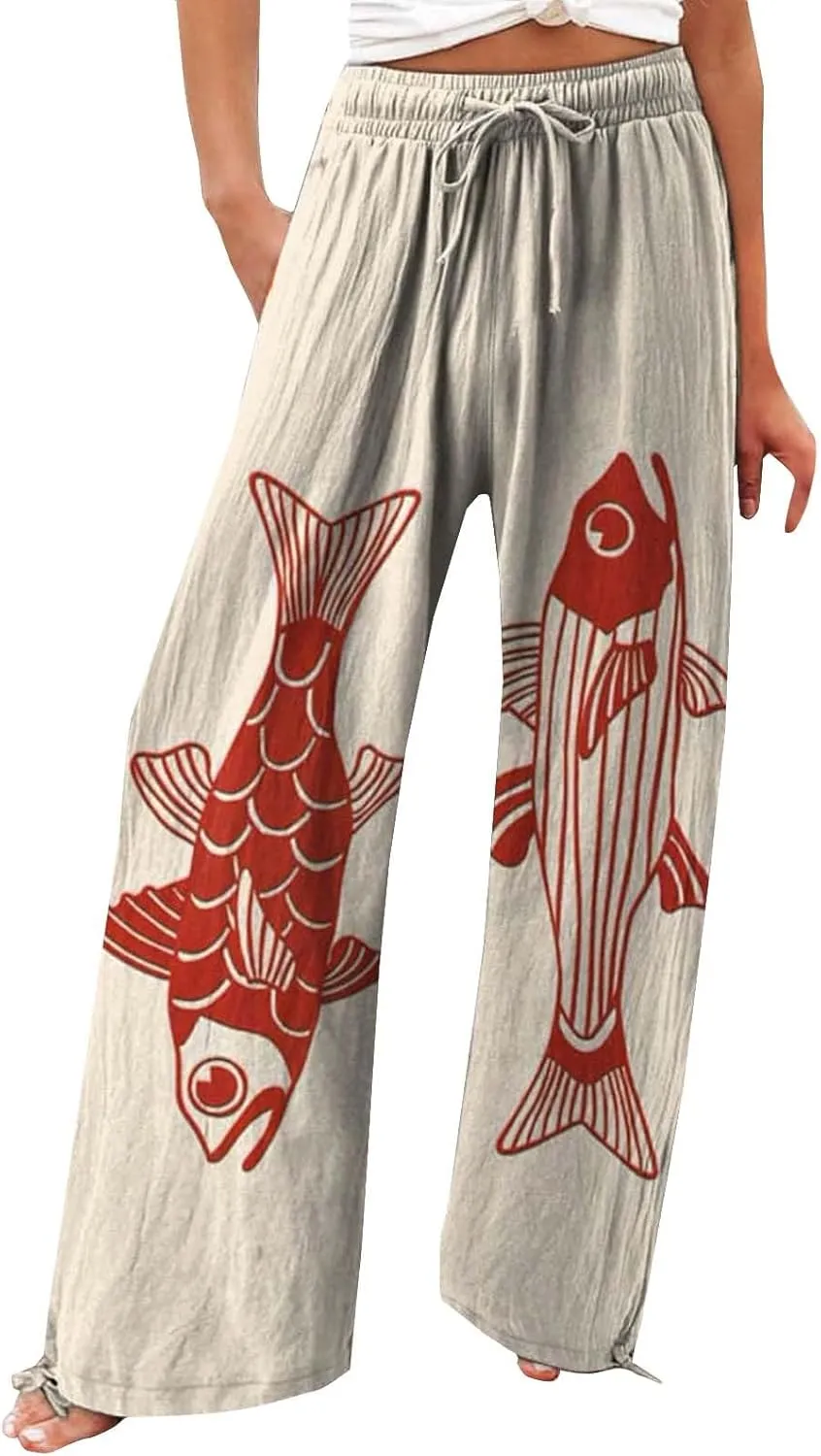 Women High Waisted Cotton Linen Palazzo Pants Dog Fish Graphic Wide Leg Long Japanese Pants Trousers with Pockets